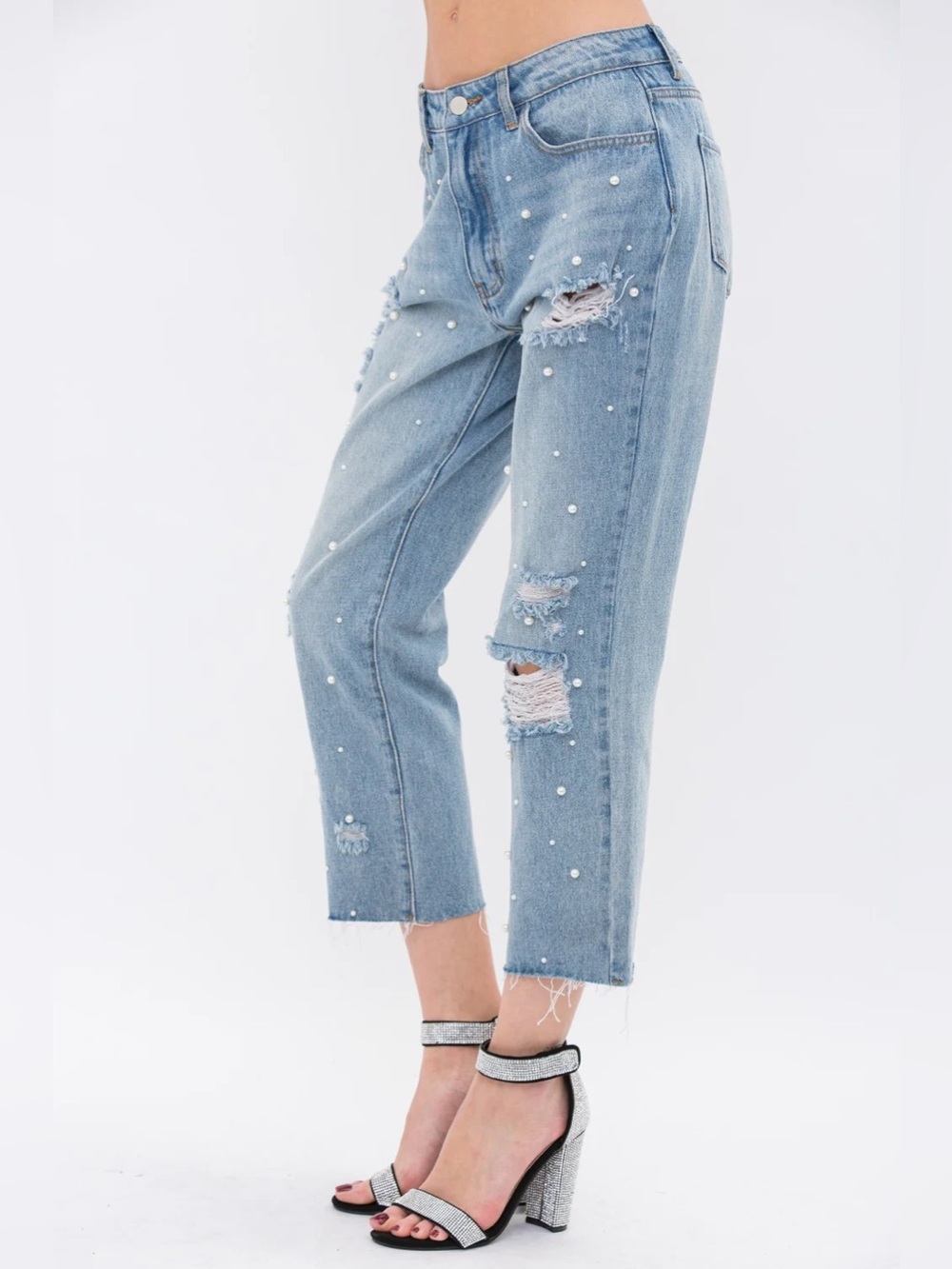 Y2K McBling Studded Distressed Mom Jeans Size 3/26 Light Wash Denim